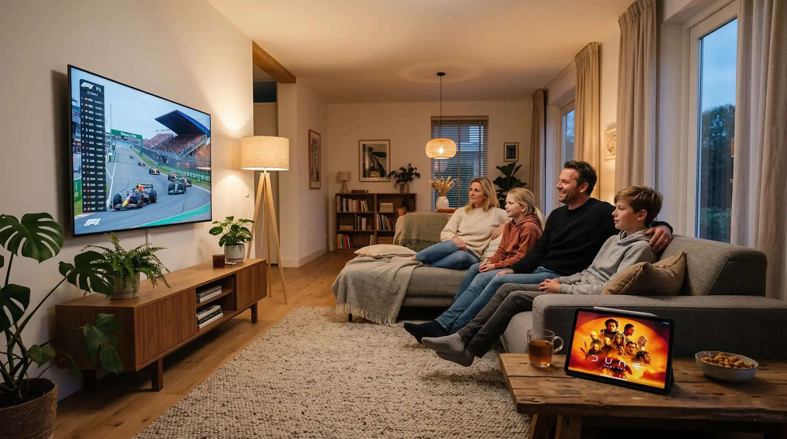 Family enjoying IPTV on a large flatscreen TV in the living room